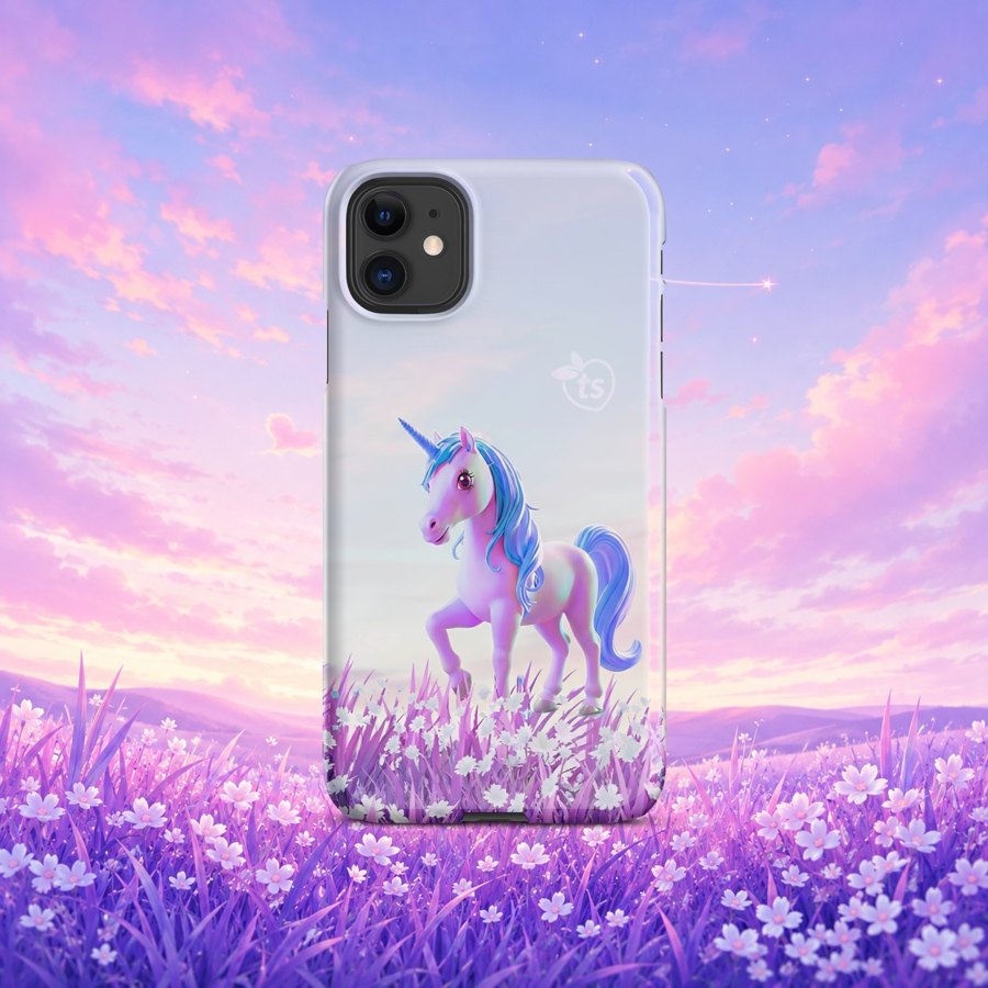 The Seraphine phone case in a meadow of violet flowers at sunset
