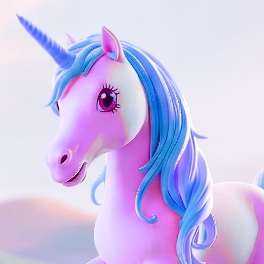 Seraphine, an orchid-pink unicorn with a blue mane
