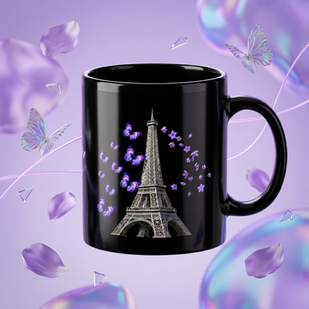 tsgabrielle® • Paris - Torre Eiffel • Caneca Brilhante • Preto • Cerâmica • 2 Tamanhos - View 2